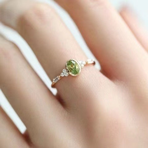 Women Adjustable Ring Imitation Olivine Gemstone Yellow Gold Plated Copper Fashion Jewelry Versatile Elegant Statement