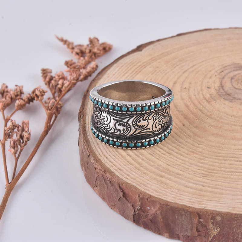 Unisex Turquoise Inlaid Flower Ring Sterling Silver Gemstone Engagement Wedding Band European American Classic