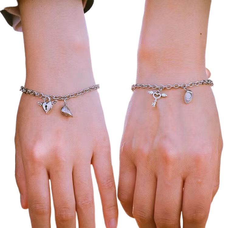 Couples Bracelets Matching Lock And Key Design Titanium Steel Bracelets Water Drops And Bell Pattern For Love