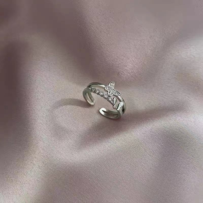 Double Layer Bowknot Copper Ring Adjustable Opening Handcrafted Gem Inlay Diamond Accents Womens Fashion Jewelry