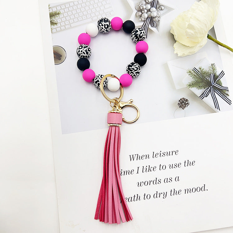 Wooden Bead Keychain Leopard Pattern White Background 21cm Length Round Beads For Pendants Bracelets Keychains