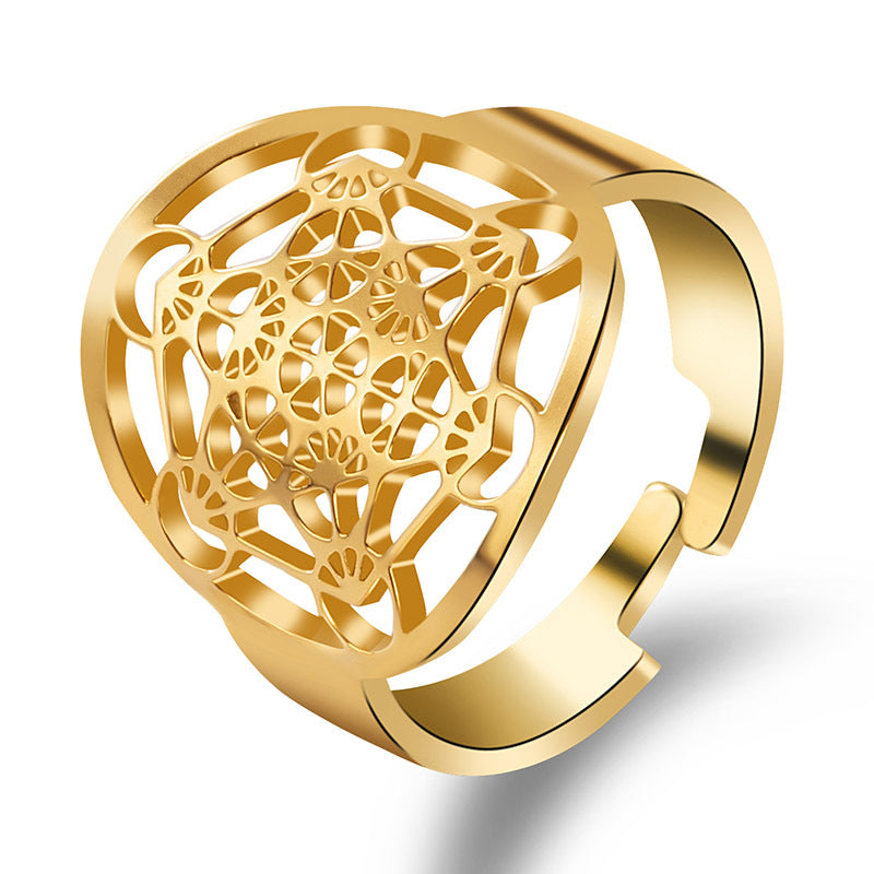 Womens Stainless Steel Flower Ring Adjustable Open Ring Polished Gold Black Jewelry Elegant Jewelry For Womens