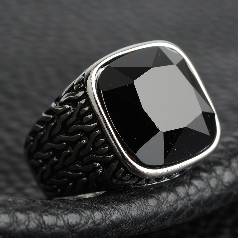 Mens Stainless Steel Ring With Artificial Gemstone Square Inlay Geometric Design For Himself Sizes 7 8 9 10 11