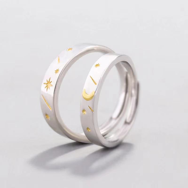 Adjustable Couple Rings For Mens Womens Moon Star Design Copper Electroplated Open Ring Durable Jewelry Add On