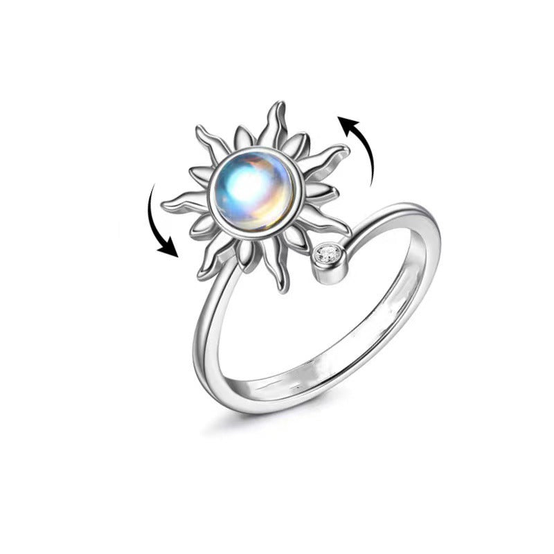 Rotating Sunflower Relief Anti Stress Ring Jewelry For Women Adjustable Copper Zircon Inlays Everyday Wear Now