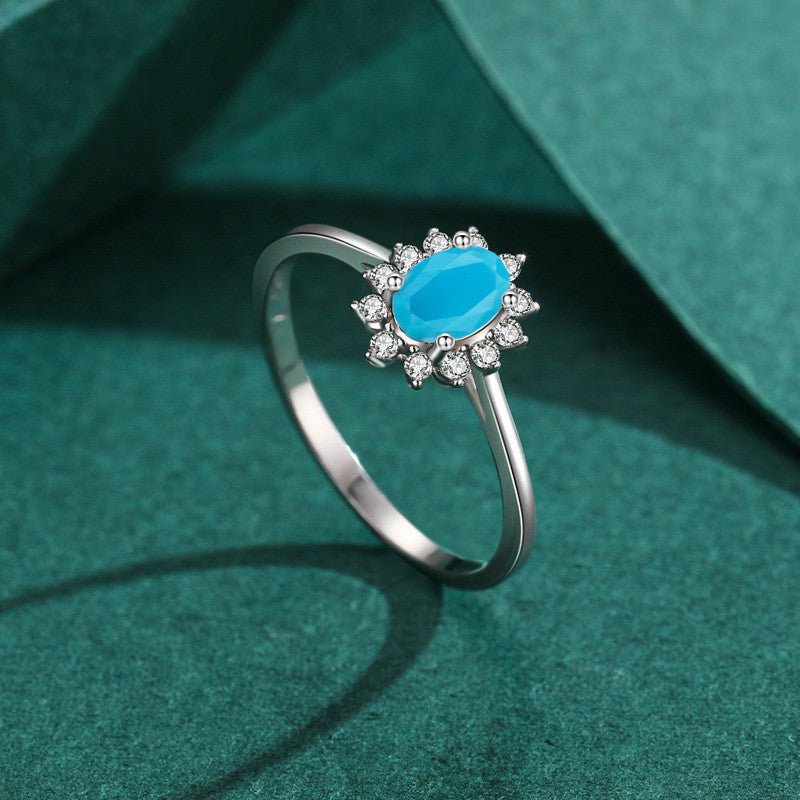 Womens Ring With Sterling Silver Crown And Oval Turquoise Mosaic Blue Electroplated Finish Fashion Jewelry Ring