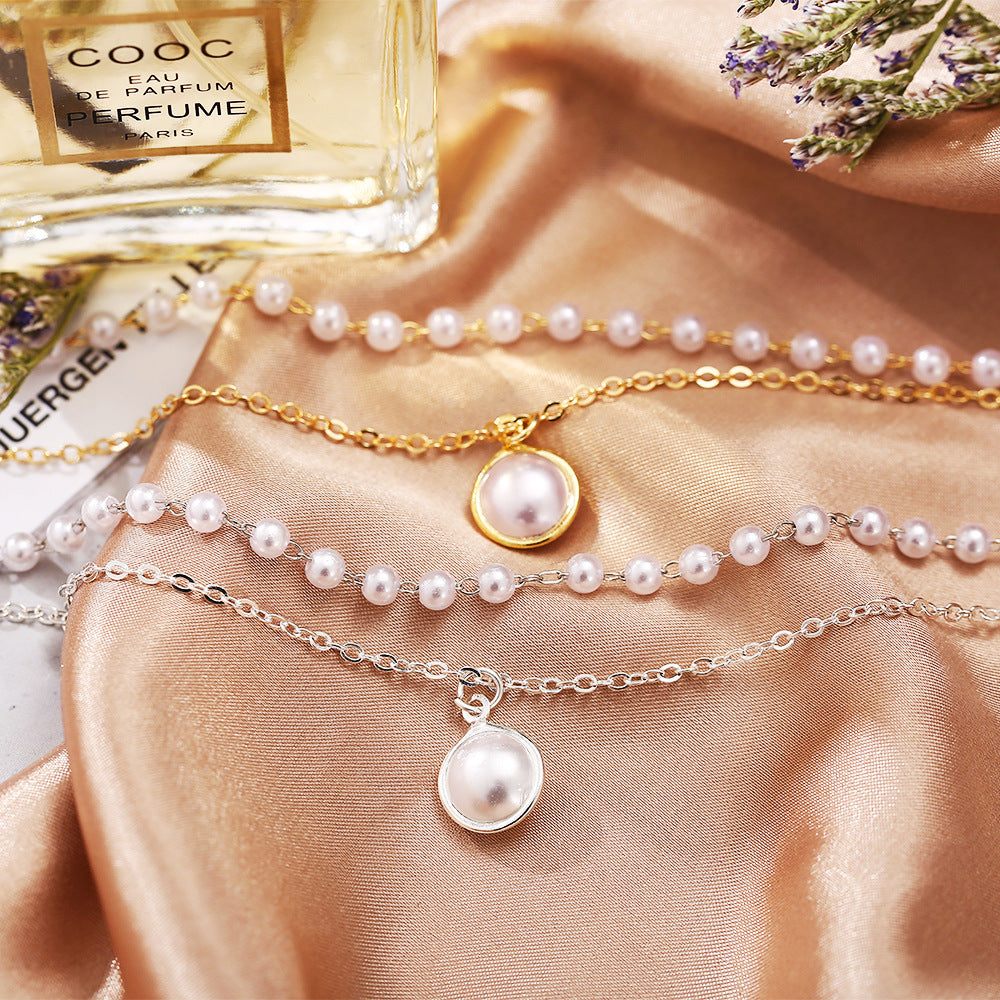 Womens Pearl Bracelet Double Layer Retro Alloy Jewelry