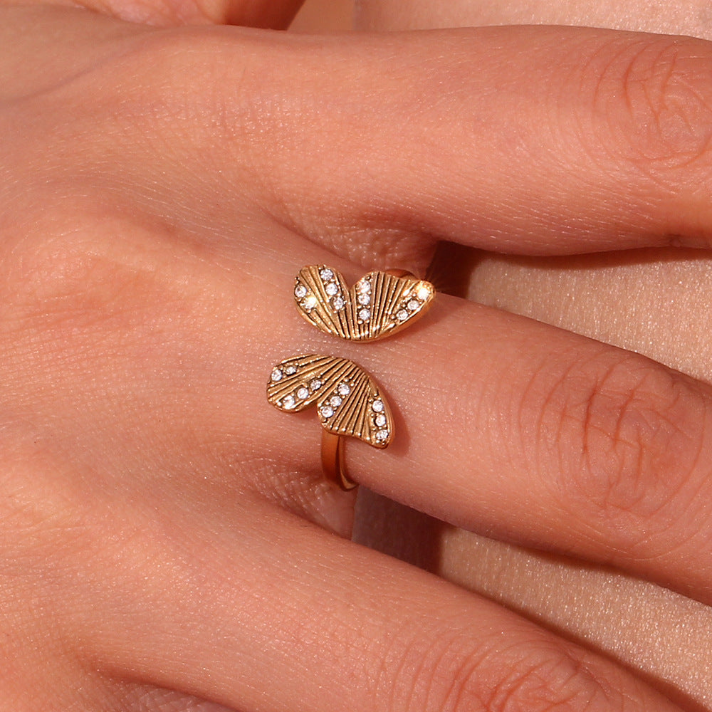 Women Stainless Steel Butterfly Ring Open Zircon Jewelry Geometry Zodiac Animal Design Ornament Everyday Style