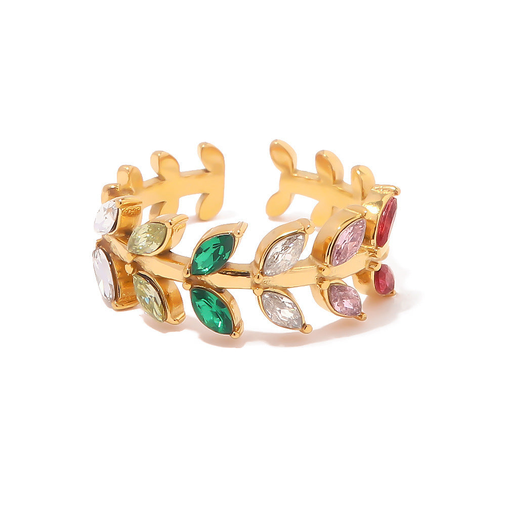Zircon Leaf Open Ring Adjustable Stainless Steel Jewelry