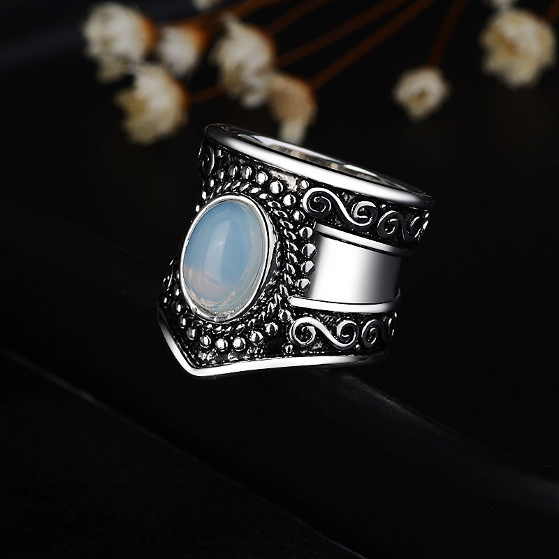 Womens Vintage Thai Silver Moonstone Ring Copper Plated Fashion Jewelry Classic Style Classic Artisan Finish X