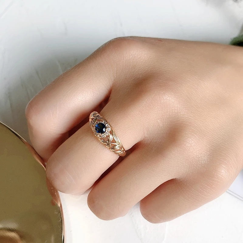Womens Blue Zircon Ring Gold Plated Copper Flower Design Electroplated Must Have For Fashion Women Elegant Jewelry