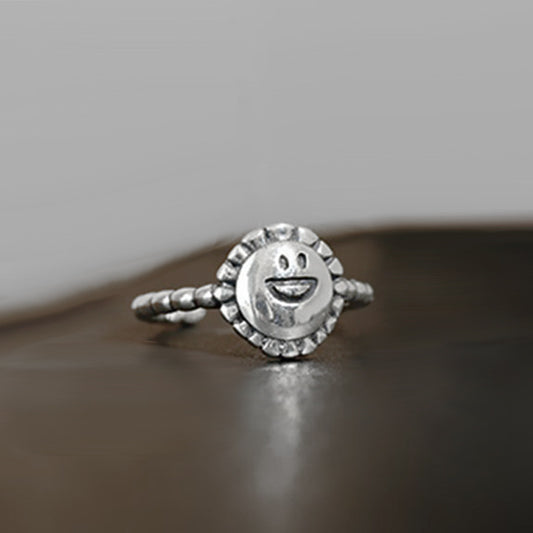 Womens Vintage Copper Ring Adjustable Open Index Finger Ring Smile Sunflower Geometric Intricate Electroplated