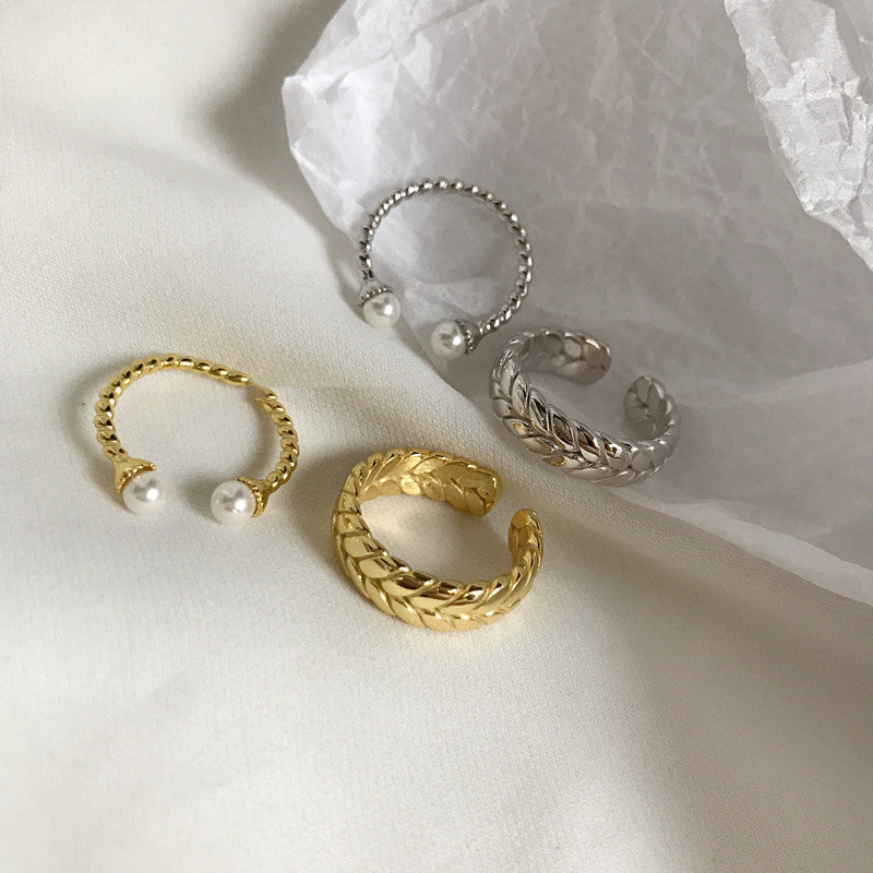 Pearl Cool Style Personality Ring Geometric Copper Gold Tone Adjustable Opening Women Jewelry Sleek Pearl Look