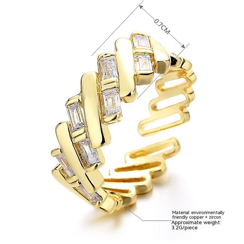 Womens Adjustable Copper Ring Retro Geometric Design Inlaid Zircon Chain Element Gold Tone Finish For Everyday