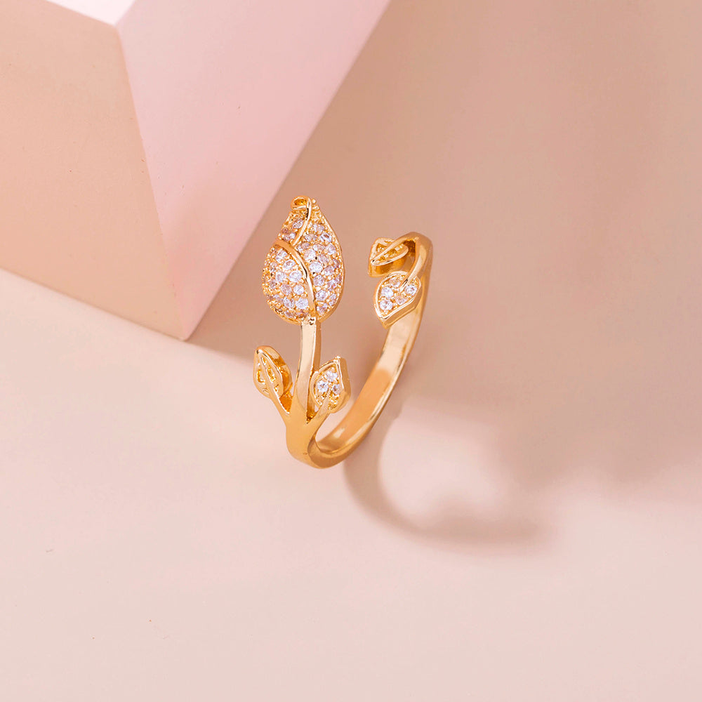 Womens Romantic Rose Ring With Zircon MicroInlaid Flower Design Adjustable Copper Electroplated Ring European