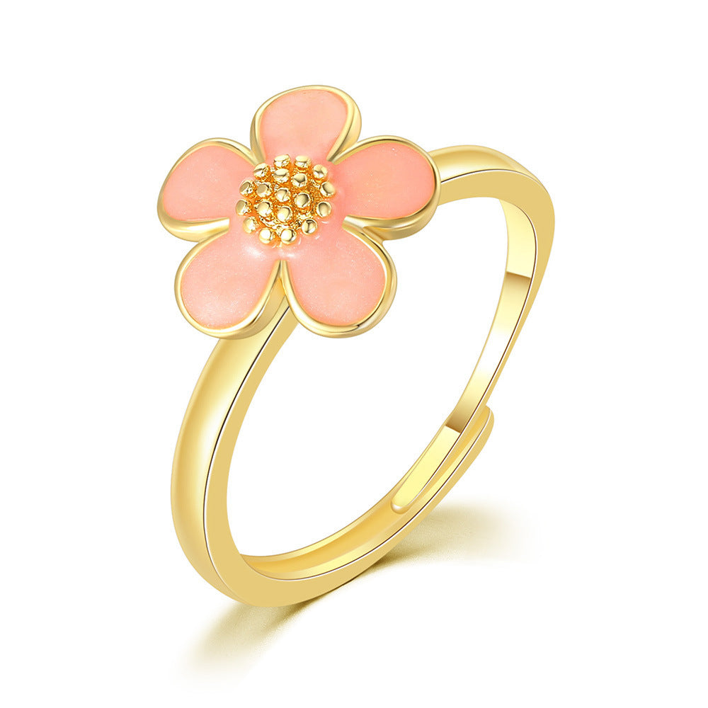Copper Flower Ring with Dripping Oil Finish Adjustable Band for Daily Wear Fashion Jewelry Gift for Women Everyday