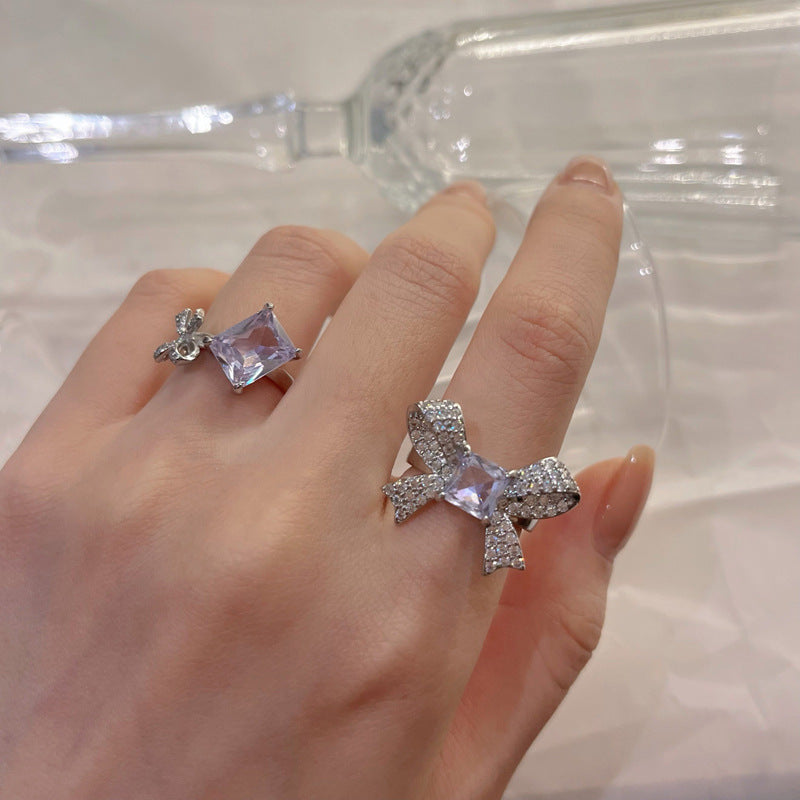 Bowknot Ring With Rhinestones Cube Sugar Copper Adjustable