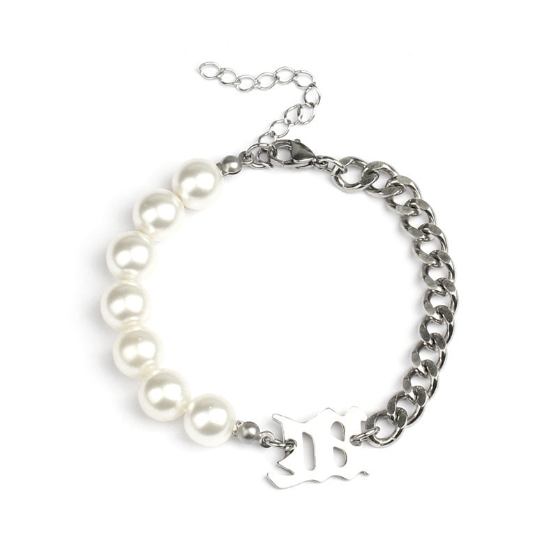 Womens Titanium Steel Pearl Letter Bracelet Geometric Design Jewelry Durable 18cm Fashionable Bracelet and Stylish