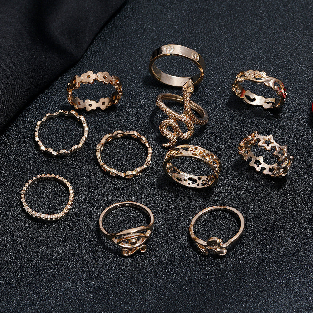 Womens Vintage Star Carved Hollow Ring Set Bohemian Alloy Jewelry Rings One Size Color A2303 Gift For Her Gift