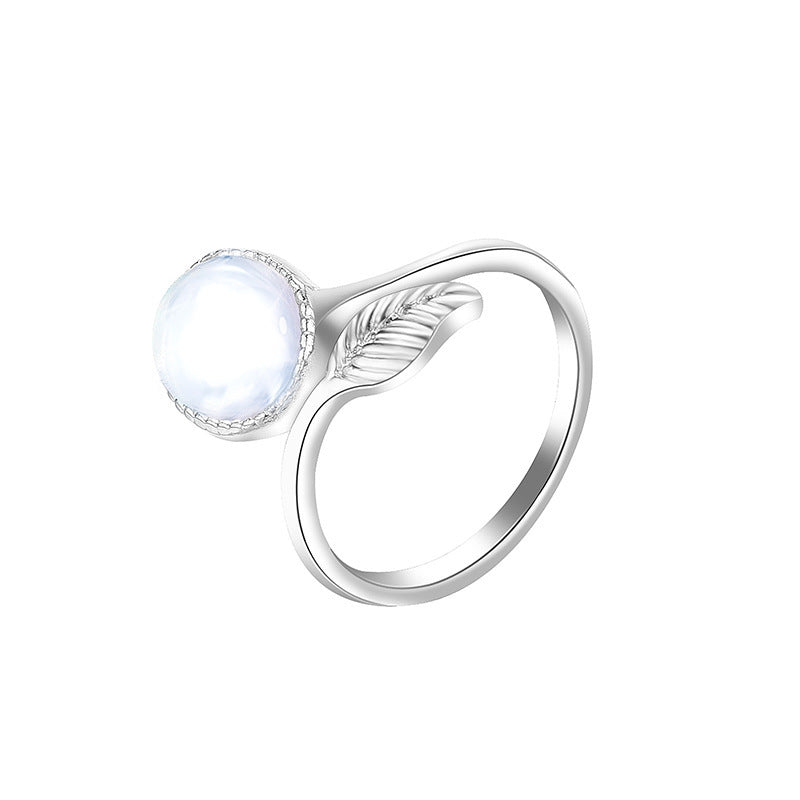 Adjustable Moonstone Ring With Feathered Design Korean Geometric Alloy Electroplated Ring Fashionable Statement