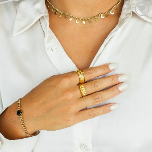 Womens Stainless Steel Ring European American Fashion Jewelry Layered Glossy Round Croissant Ring Metal Stripes Geometric Ornament Ring for Women