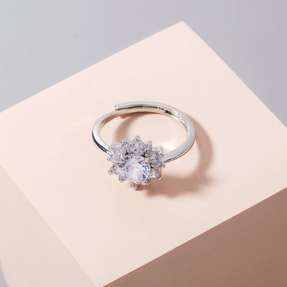 Sunflower Ring Adjustable Silver Plated Copper With Zircon Inlay Elegant All Match Design Gift For Women Style
