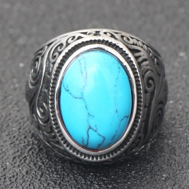 Unisex Alloy Carved Ring Turquoise Inlay Electroplated Band Punk Trend Statement Ring Gift For Women Style Pro