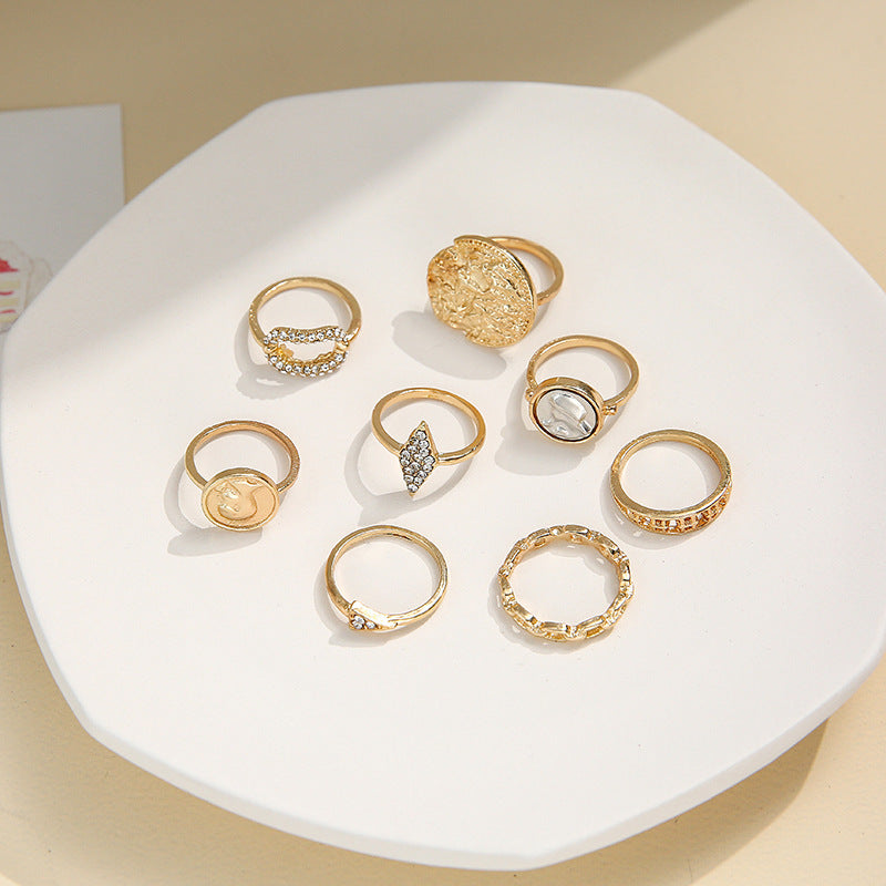 Womens Gold Plated Ring Set 8 Piece Exaggerated Irregular Full Diamond Two Tone Design Geometric Alloy Rings Collection