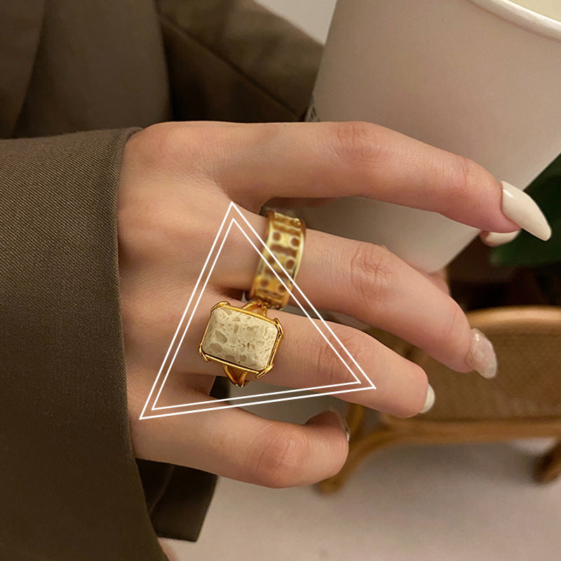 Womens Vintage Ring Silver Plated Ring With Marble Stone Adjustable Open Ring Fashion Jewelry Street Ring High