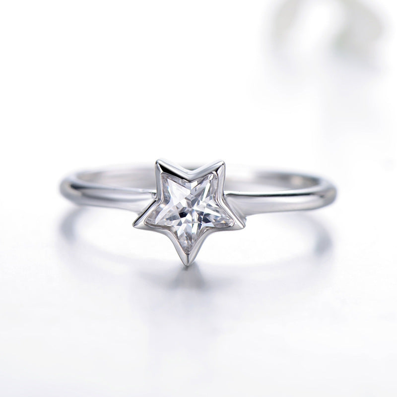 Womens Sterling Silver Ring With Star Design And Zircon Inlay Engagement Ring Jewelry Gift For Her Five Point Star