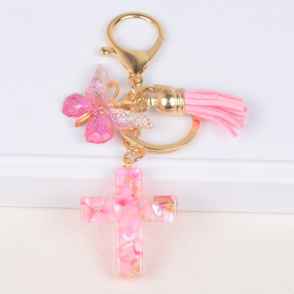 Alloy Keychain With Tassel Butterfly Stone And Epoxy Decoration Cross Crown Roman Numerals Patterns Pink Beige