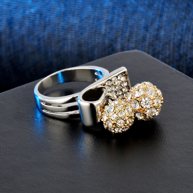 Womens Two Tone Diamond Studded Double Ball Ring Rhinestone Alloy Finger Ring Elegant Fashion Jewelry Gift Idea