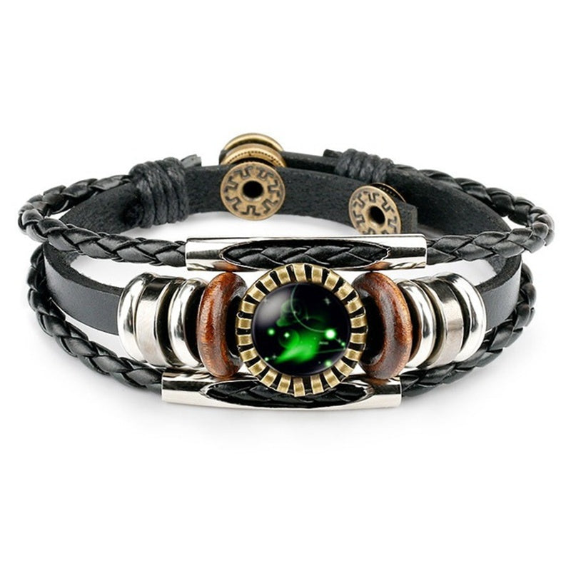 Constellation Zodiac Sign Bracelet Glass Charm Leather Rope Adjustable Vintage Style Unisex Gifts For All Days