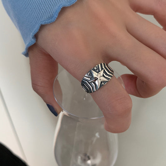 Womens Sterling Silver Ring Vintage Classic Distressed Pentagram Ring Adjustable Opening Jewelry For Women Timeless Gem