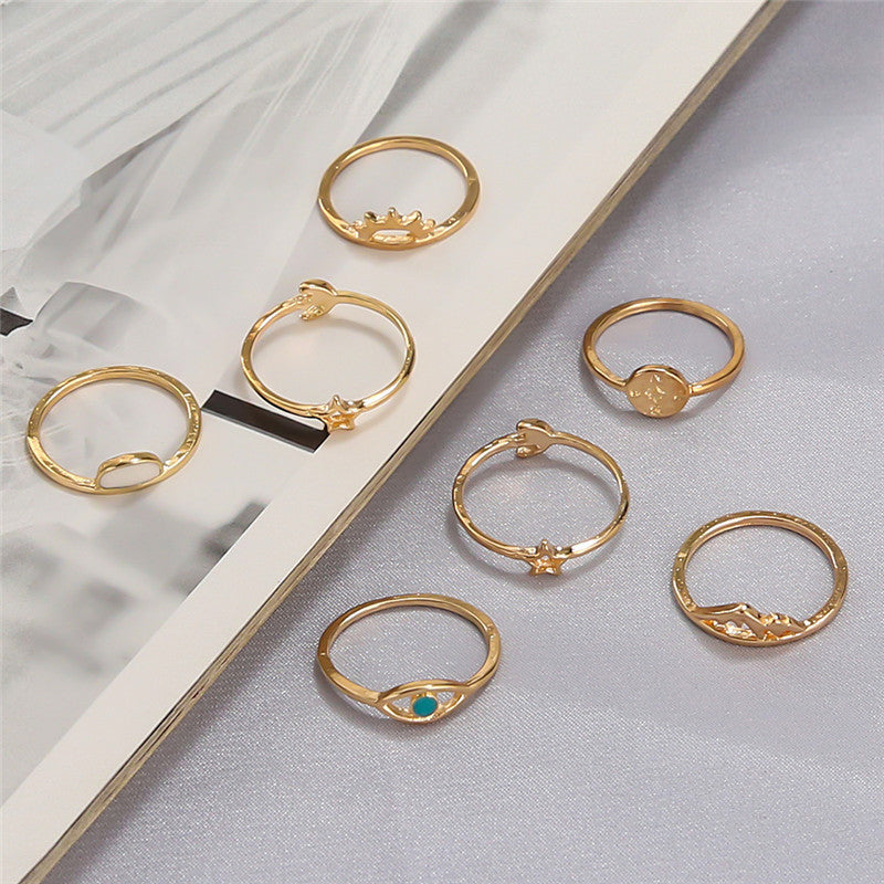 Womens Wave Ring Set 7 Pieces Alloy Electroplated Rings European and American Beach Jewelry Ring Set For Women