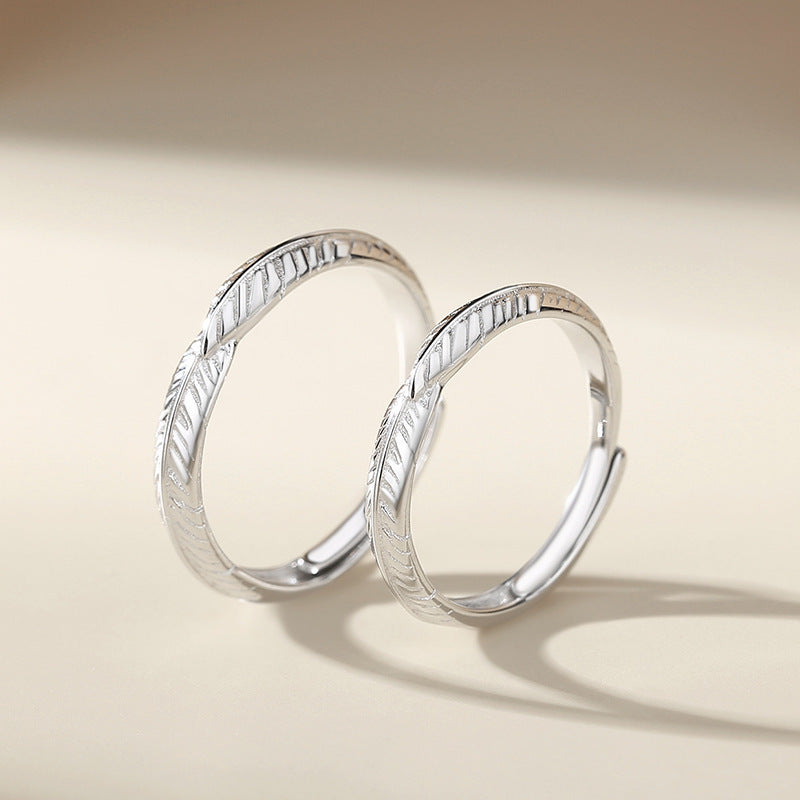 Adjustable Feather Leaf Couple Ring TwoTone White Gold Promise Ring for Men and Women Anniversary Gift Set Now
