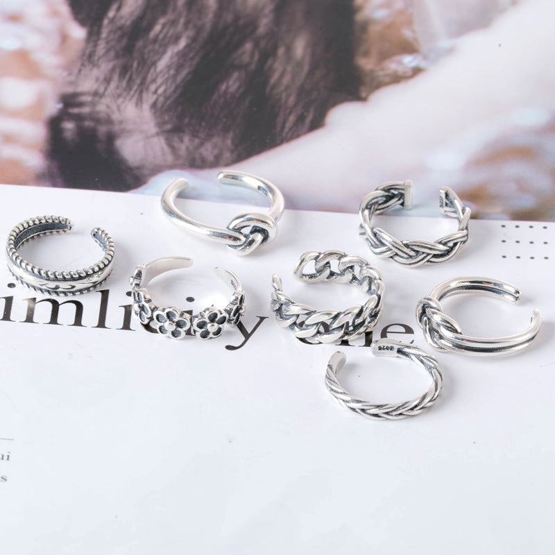 Womens Retro Knotted Alloy Ring Set Geometric Shapes Adjustable Opening Electroplated Finish 7 Piece Collection