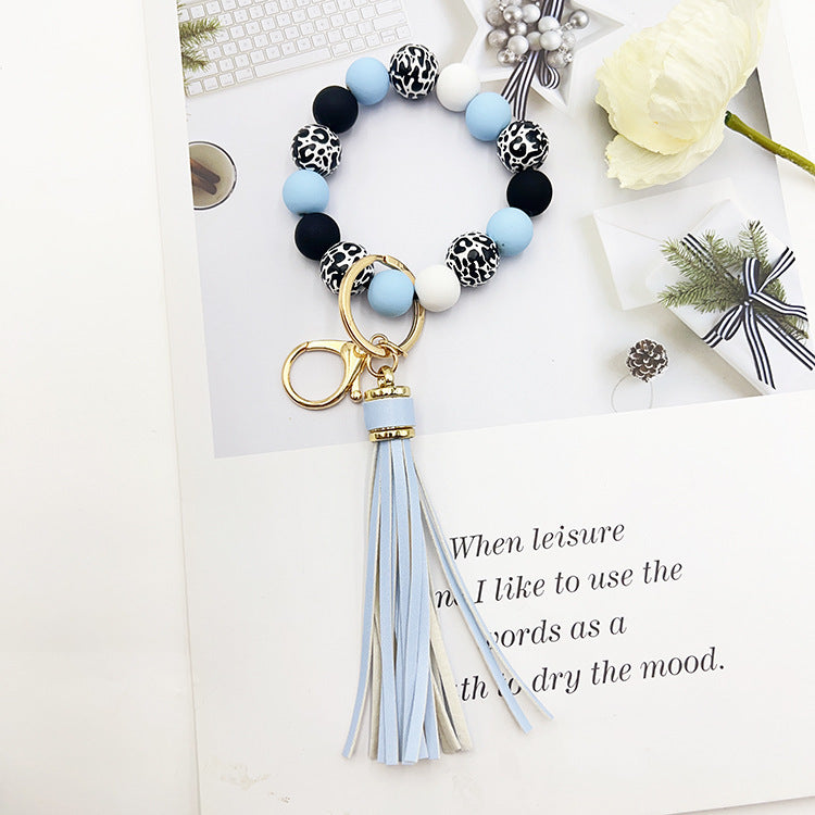 Wooden Bead Keychain Leopard Pattern White Background 21cm Length Round Beads For Pendants Bracelets Keychains