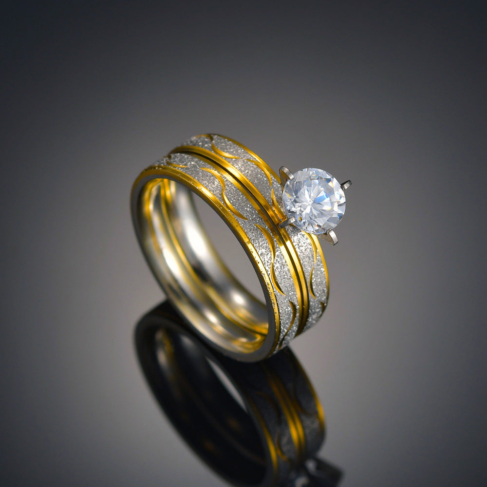 Diamond Wide Band Rings For Men And Women Stainless Steel Gold Plated Engagement Wedding Jewelry Pair Gift Set