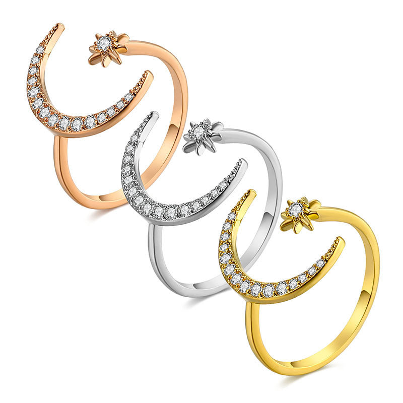 Womens Sterling Silver Ring With Hollow Star Simple Adjustable Electroplated Inlaid Gemstone Moon Stars Design