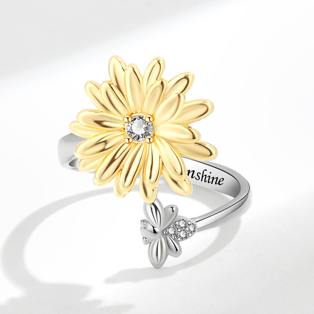 Womens Spinning Ring Sunflower Daisy Adjustable Copper Electroplated Fashion Jewelry Gift For Her Everyday Gem