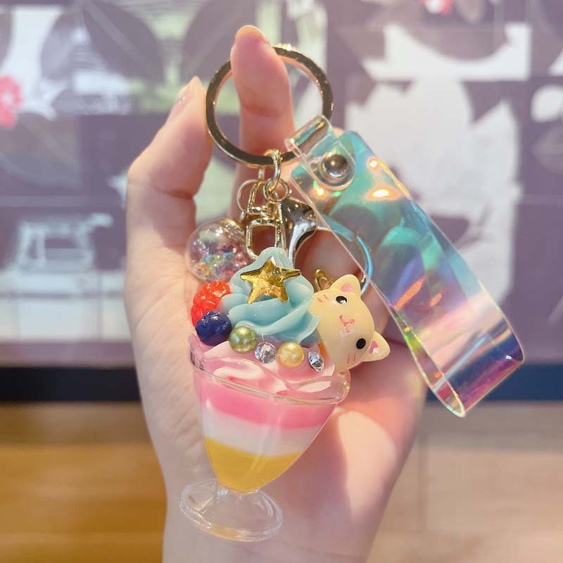 Animal Ice Cream Keychain Resin Doll Shaped Key Chain Metal Accessories Novelty Gift White Rabbit Cat Pendants