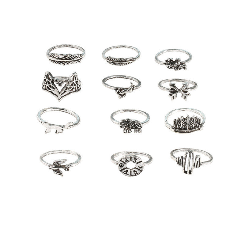 Animal Zodiac Rings Set 12 Pieces Alloy Rings European And American Electroplated Leaf Fox Elephant Retro Jewelry