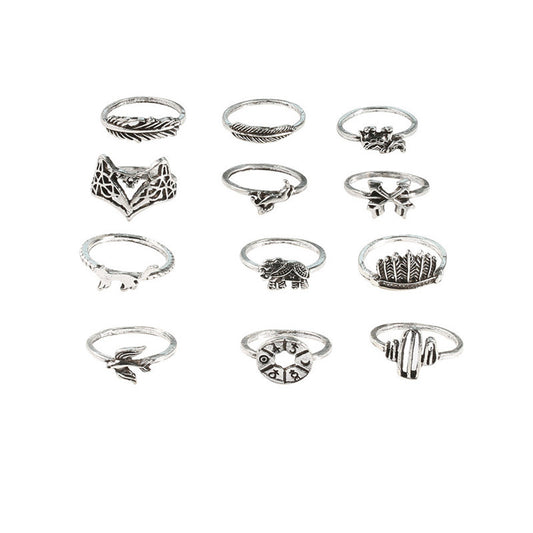Animal Zodiac Rings Set 12 Pieces Alloy Rings European And American Electroplated Leaf Fox Elephant Retro Jewelry