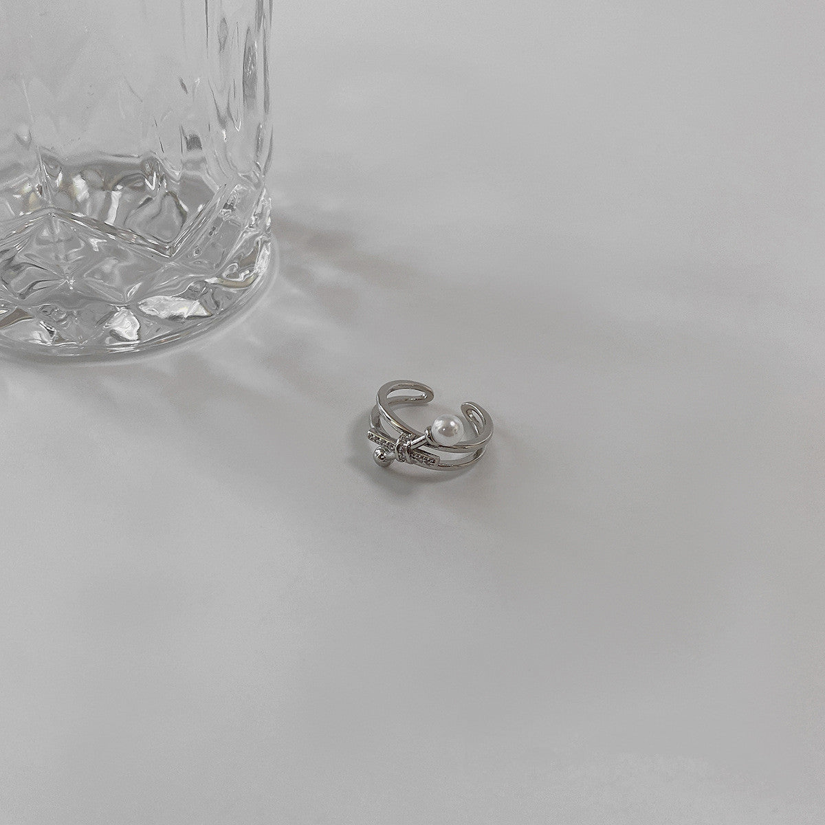 Copper Adjustable Open Ring With Geometric Design Pearl Elements Electroplated Fashion Jewelry For Women Shines