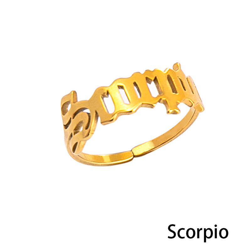 Stainless Steel Zodiac Sign Open Ring Adjustable Gold Letter Initial Ring for Women Lightweight Everyday Spark