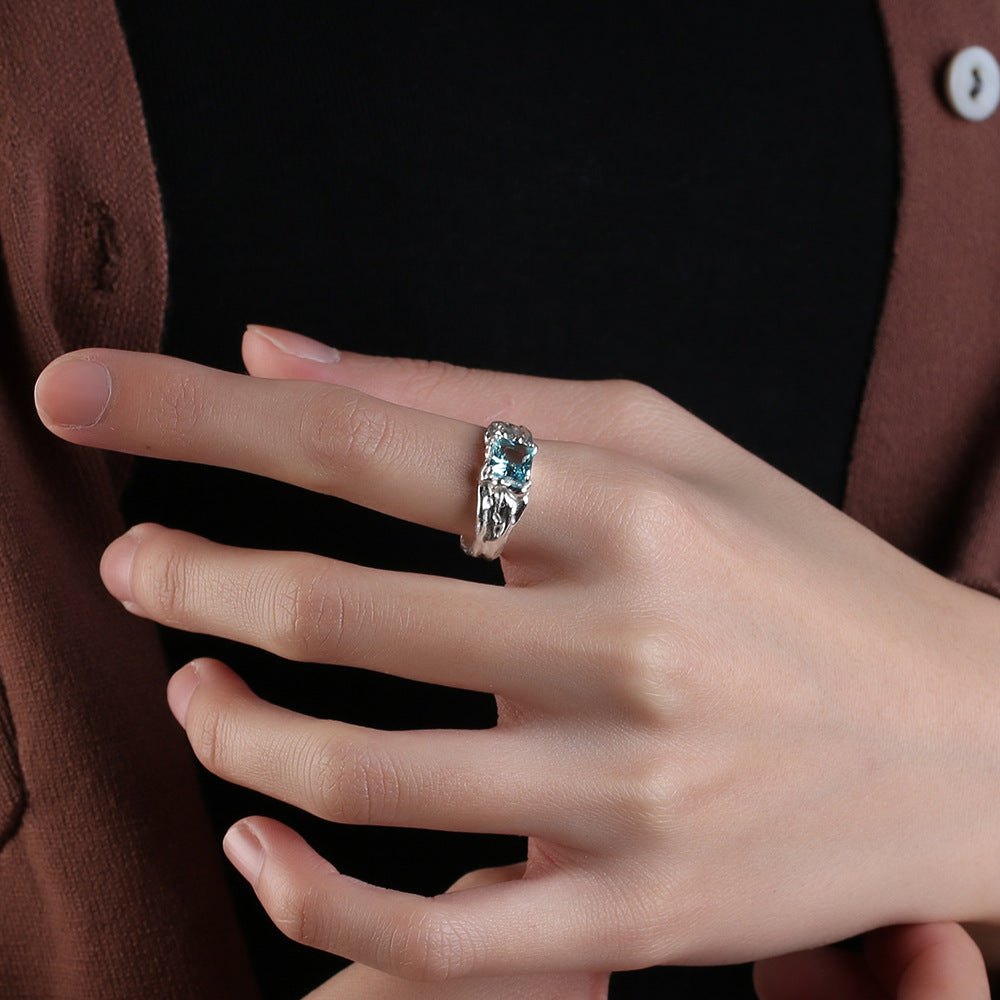 Blue Zircon Irregular Ring For Women Small Design Copper Jewelry With Modern Punk Style Handcrafted Accent Artisan