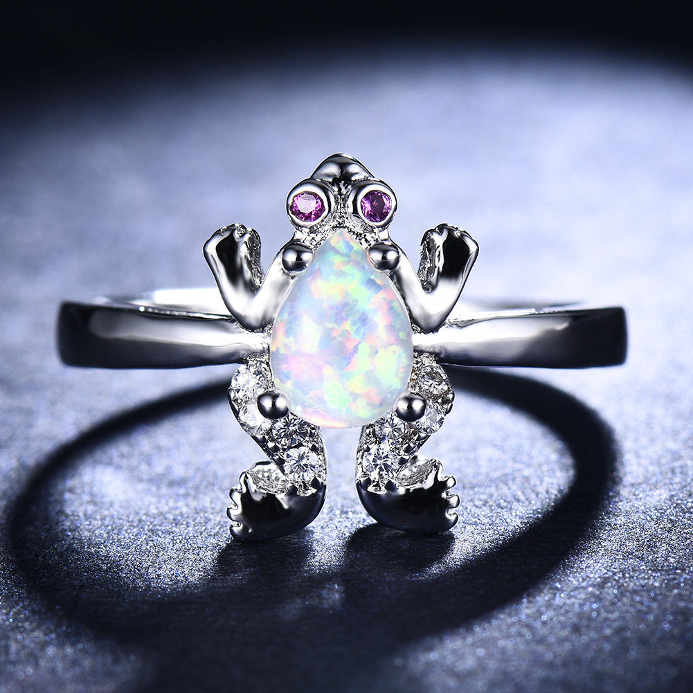 Womens White Opal Frog Ring European Geometric Copper Ring Electroplated Metal Jewelry Fashion Ring for Women or Girls Elegant Ring