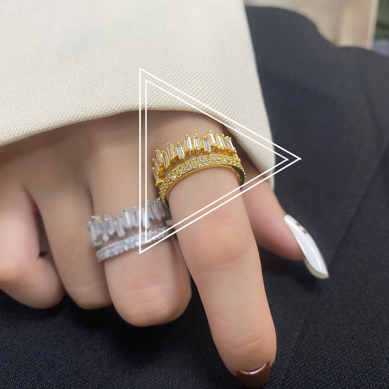 Women Double Ring Zircon Studded Irregular Rectangular Geometrical Silver Plated Fashion Jewelry Everyday Wear