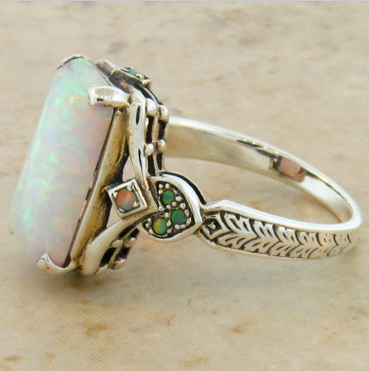 Womens Square White Opal Ring Antique Silver Alloy Geometric Inlaid Gemstone Ring Fashion Jewelry Everyday Wear